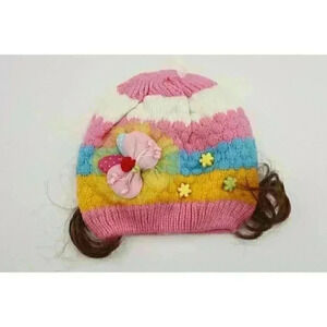 HAND knitted girl hat with knitted applique with beads for 3-6 year old. NEW.